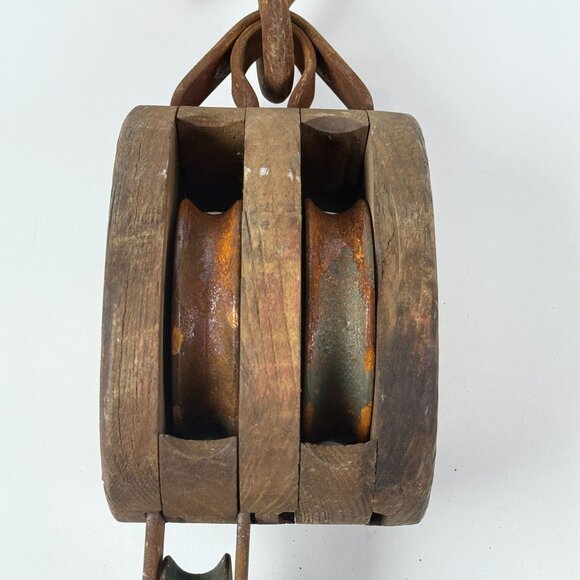 Antique Wooden Double Pulley Block w/ Metal Hook Rustic Farmhouse Barn Decor - Picture 11 of 14